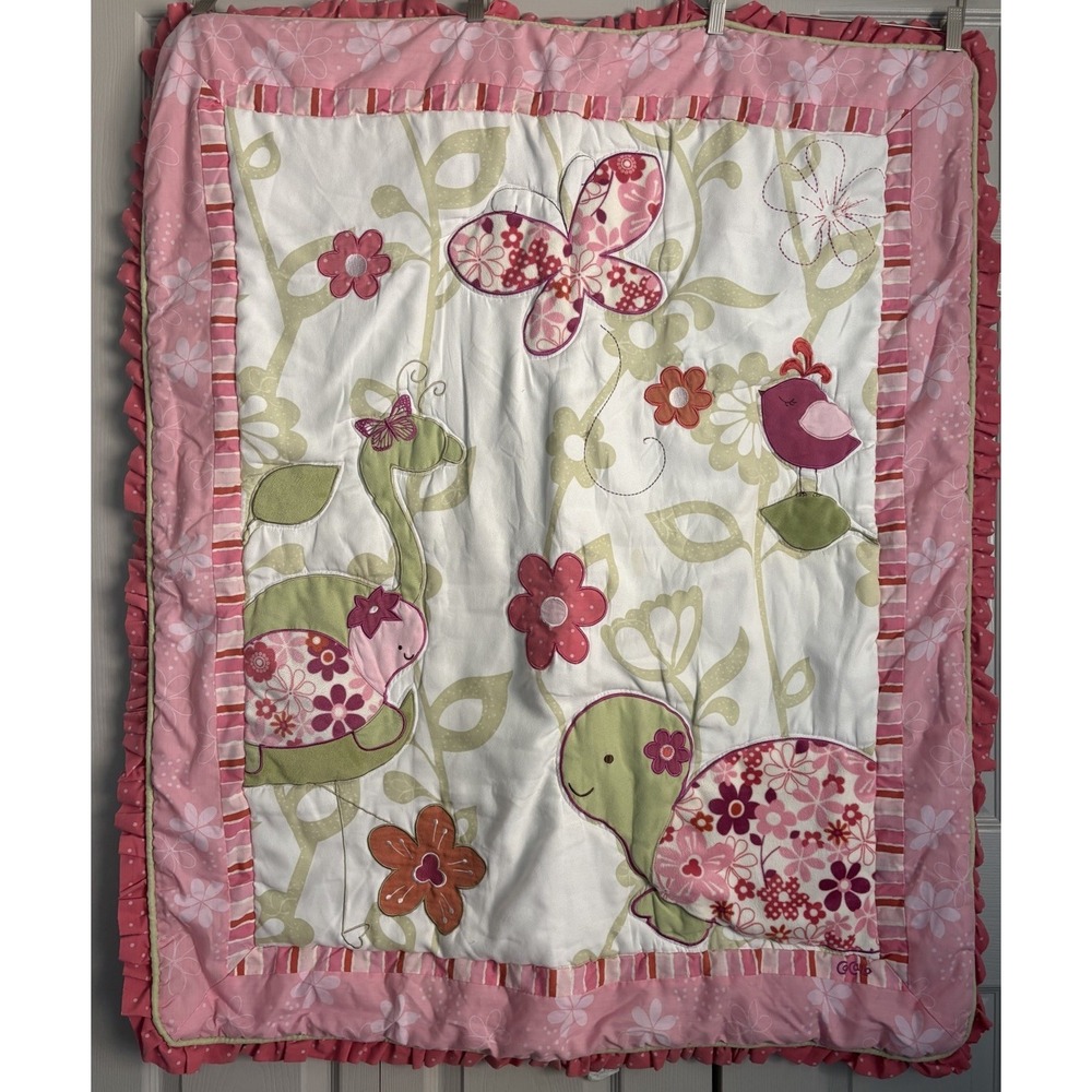 CoCalo Crib Blanket Pink Embroidered Comforter Turtles Butterflies 41"‎ X 36"